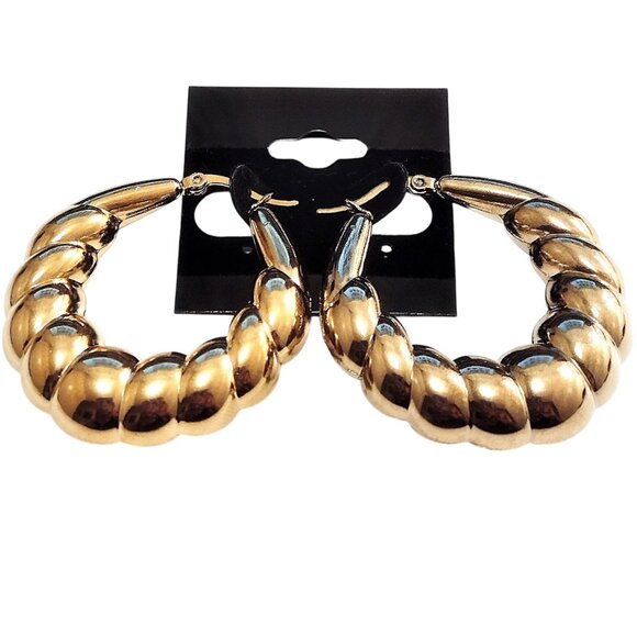 1 1/2" Hoop Earrings 24k Gold Plated Pierced Earrings Shrimp Style Ribbed - Picture 2 of 3